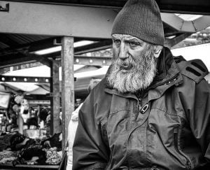 A bearded man at the Leeds market.