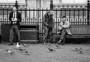 A street photography of men surrounded by pigeons.